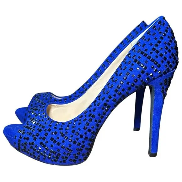 Gianni size 8  Bini Blue Peep-Toe platform stiletto black studded Heels - Picture 2 of 11